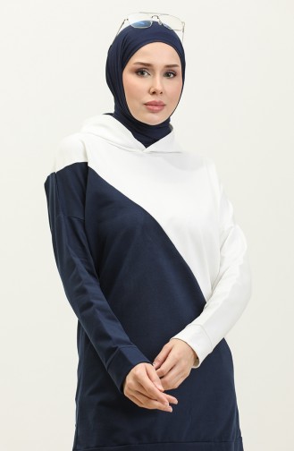 Kapüşonlu Sweatshirt 23128-02 Lacivert Ekru