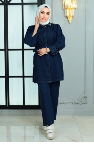 Costume En Jean Avec Col Et Épaule Stoned Bleu Foncé 19186 15097