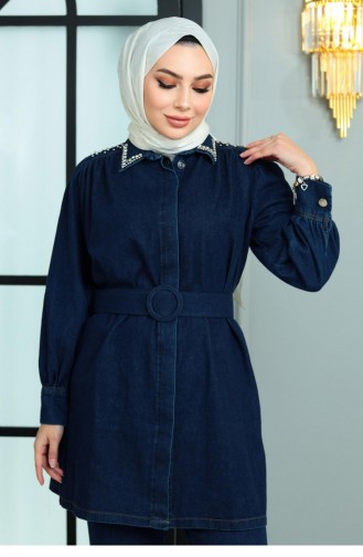 Costume En Jean Avec Col Et Épaule Stoned Bleu Foncé 19186 15097