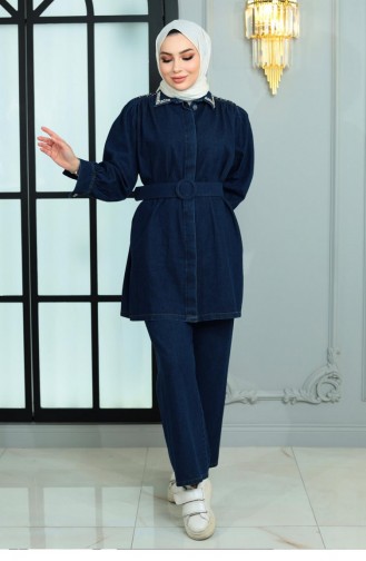 Costume En Jean Avec Col Et Épaule Stoned Bleu Foncé 19186 15097
