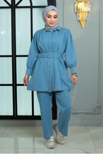 Stoned Collar And Shoulder Denim Suit Light Blue 19186 15098