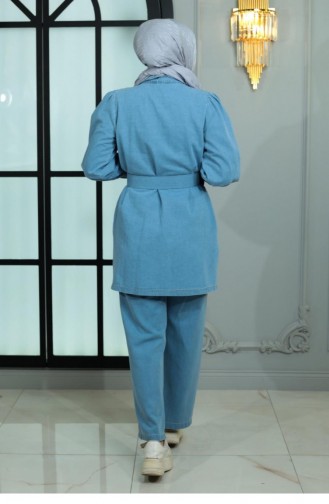 Stoned Collar And Shoulder Denim Suit Light Blue 19186 15098