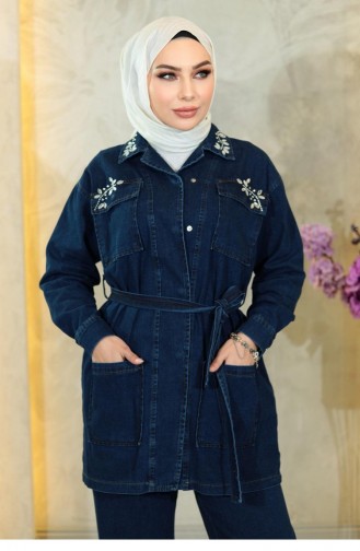 Stone Detailed Belted Denim Suit Dark Denim 19184 15099
