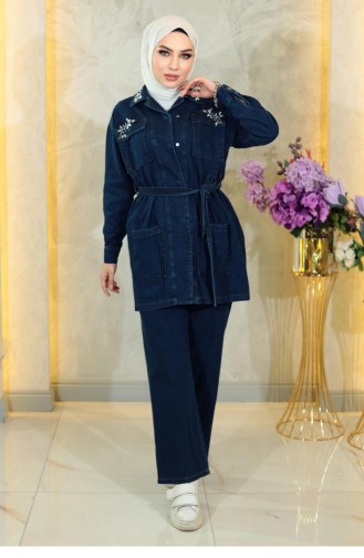 Stone Detailed Belted Denim Suit Dark Denim 19184 15099