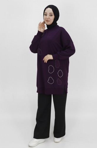 Score 2 Thread Fabric Stone And Embroidery Detailed Sweatshirt 10346-03 Purple 10346-03