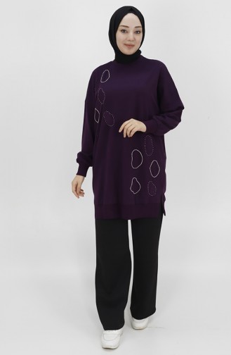 Score 2 Thread Fabric Stone And Embroidery Detailed Sweatshirt 10346-03 Purple 10346-03