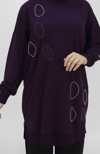 Score 2 Thread Fabric Stone And Embroidery Detailed Sweatshirt 10346-03 Purple 10346-03