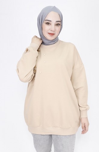 2 İp Kumaş Tüy Ve İnci Detaylı Oversize Sweatshirt 23282-01 Bej
