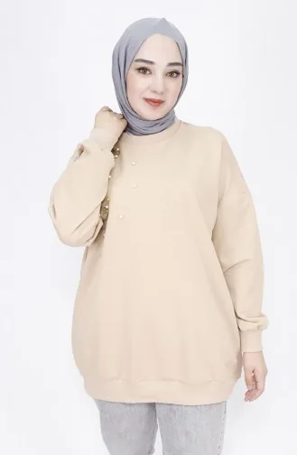 2 İp Kumaş Tüy Ve İnci Detaylı Oversize Sweatshirt 23282-01 Bej