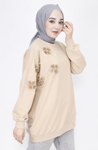 2 İp Kumaş Tüy Ve İnci Detaylı Oversize Sweatshirt 23282-01 Bej