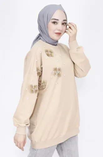 2 İp Kumaş Tüy Ve İnci Detaylı Oversize Sweatshirt 23282-01 Bej
