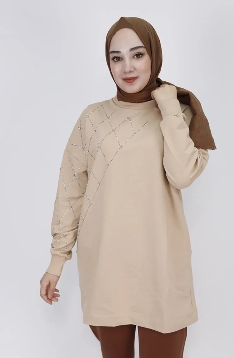 Sweatshirt Tissu 2 Fils Imprimé Pierre à Carreaux 23284-01 Beige 23284-01