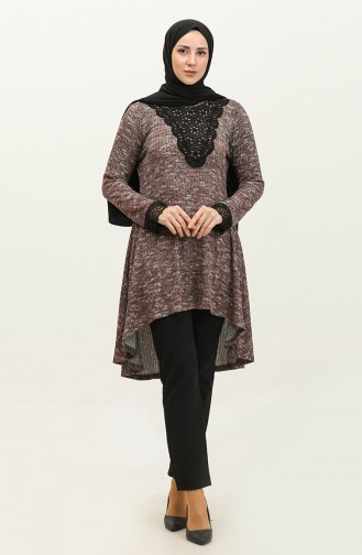 Tunique En Tricot Détaillée En Dentelle Rouge Bordeaux T1005 735