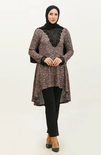 Tunique En Tricot Détaillée En Dentelle Rouge Bordeaux T1005 735