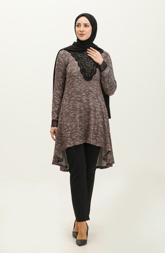 Tunique En Tricot Détaillée En Dentelle Rouge Bordeaux T1005 735