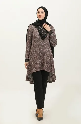 Tunique En Tricot Détaillée En Dentelle Rouge Bordeaux T1005 735