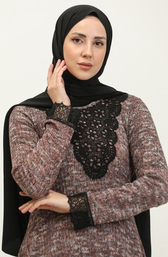 Tunique En Tricot Détaillée En Dentelle Rouge Bordeaux T1005 735