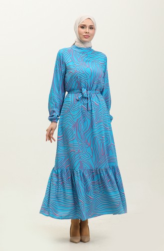 Kleid Aus Viskose Mit Streifenmuster Und Gürtel 0234-06 Blau 0234-06