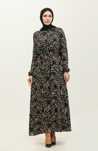 Robe Viscose à Motifs Fleuris Et Ceinturée 2066-01 Noir 2066-01