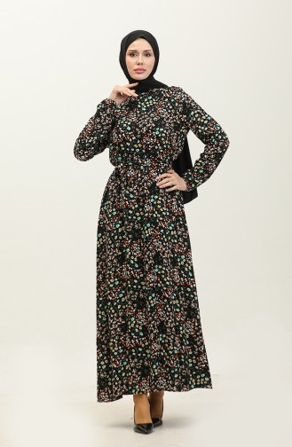 Viscose-jurk Met Bloemenmotief En Riem 2066-01 Zwart 2066-01