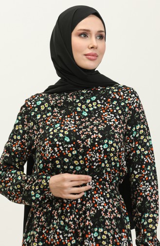 Robe Viscose à Motifs Fleuris Et Ceinturée 2066-01 Noir 2066-01