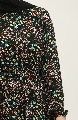 Robe Viscose à Motifs Fleuris Et Ceinturée 2066-01 Noir 2066-01