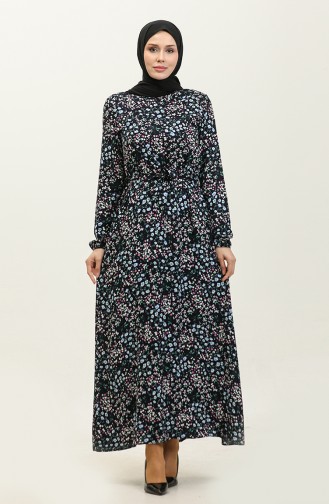 Robe Viscose à Motifs Fleuris Et Ceinturée 2066-02 Bleu Marine 2066-02