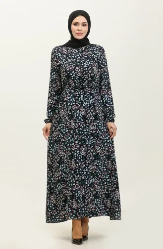Robe Viscose à Motifs Fleuris Et Ceinturée 2066-02 Bleu Marine 2066-02
