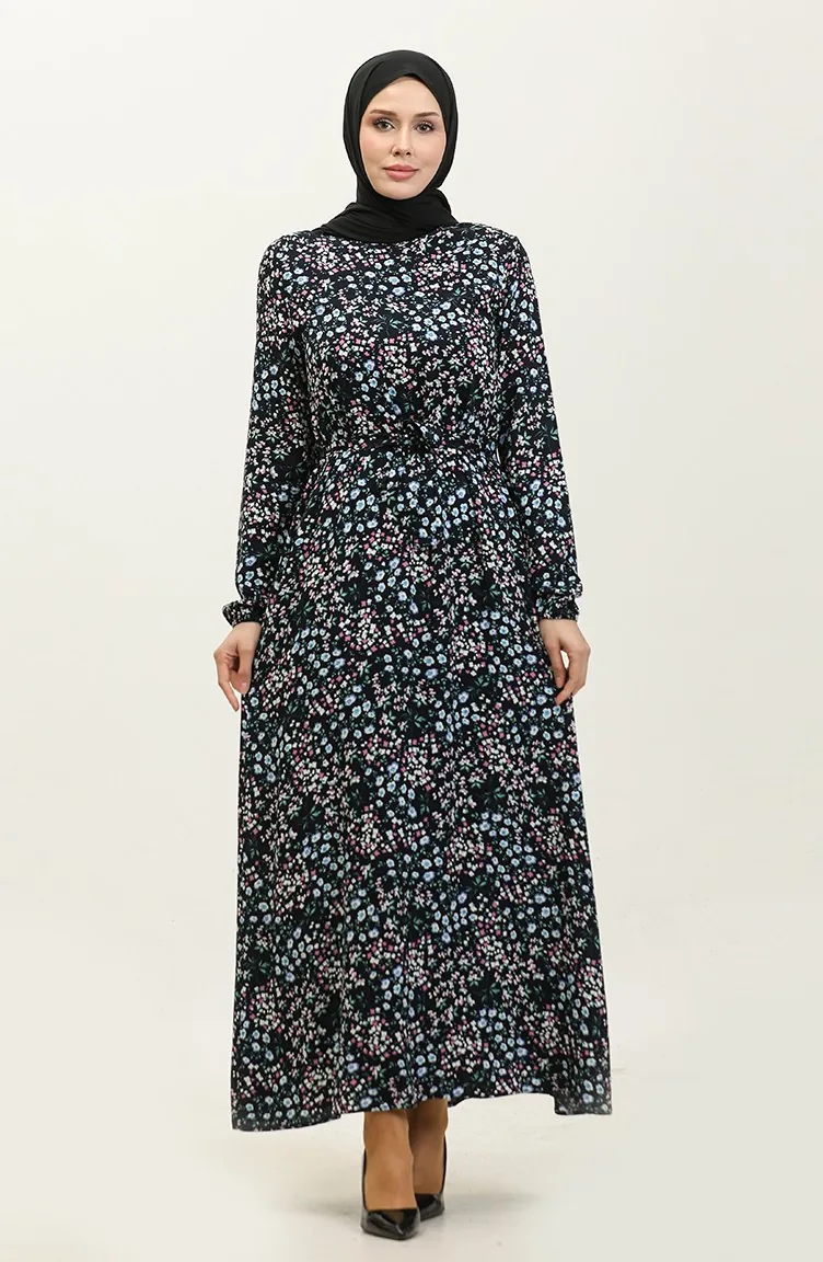 Robe Viscose à Motifs Fleuris Et Ceinturée 2066-02 Bleu Marine 2066-02