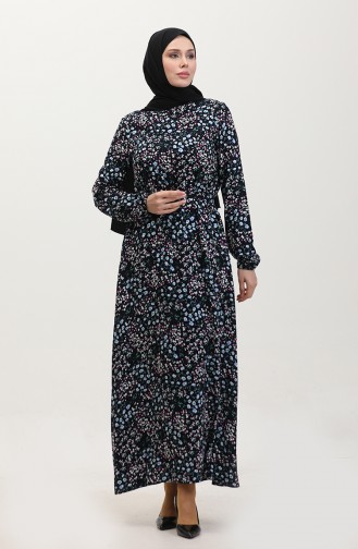 Robe Viscose à Motifs Fleuris Et Ceinturée 2066-02 Bleu Marine 2066-02