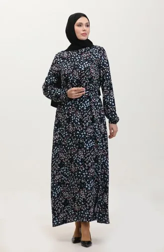 Robe Viscose à Motifs Fleuris Et Ceinturée 2066-02 Bleu Marine 2066-02
