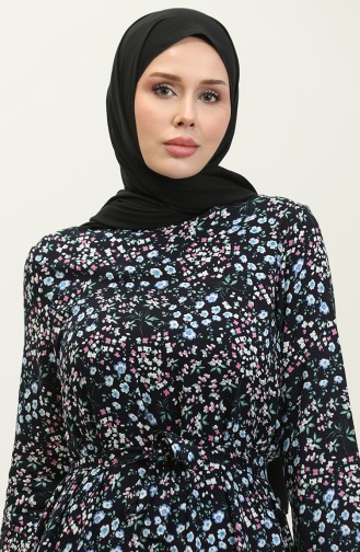 Robe Viscose à Motifs Fleuris Et Ceinturée 2066-02 Bleu Marine 2066-02