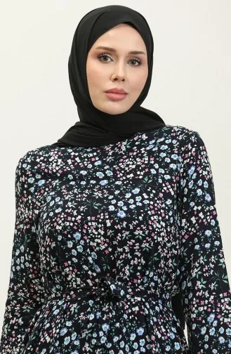 Robe Viscose à Motifs Fleuris Et Ceinturée 2066-02 Bleu Marine 2066-02