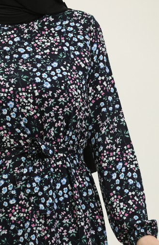 Robe Viscose à Motifs Fleuris Et Ceinturée 2066-02 Bleu Marine 2066-02