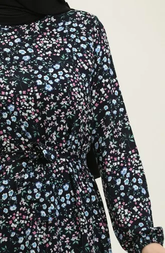 Robe Viscose à Motifs Fleuris Et Ceinturée 2066-02 Bleu Marine 2066-02