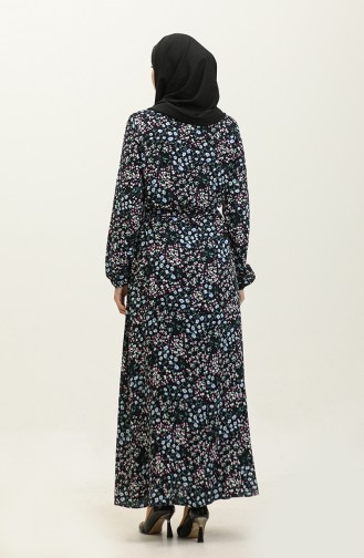 Robe Viscose à Motifs Fleuris Et Ceinturée 2066-02 Bleu Marine 2066-02