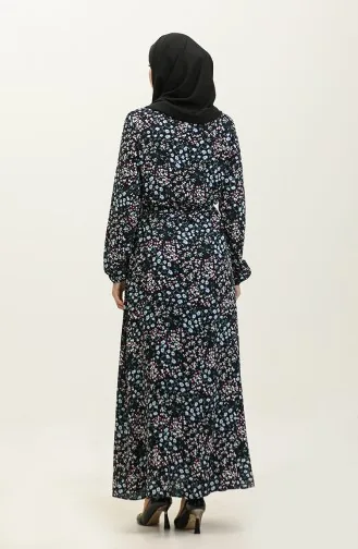 Robe Viscose à Motifs Fleuris Et Ceinturée 2066-02 Bleu Marine 2066-02