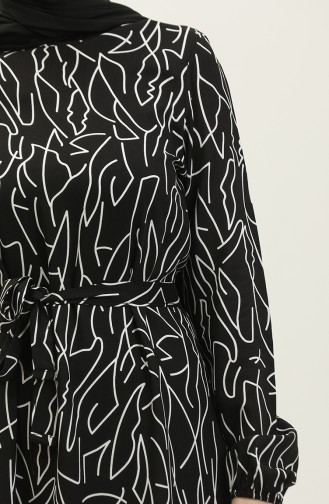Karışık Desen Kuşaklı Viskon Elbise 2067-01 Siyah