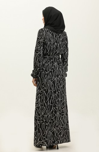 Karışık Desen Kuşaklı Viskon Elbise 2067-01 Siyah