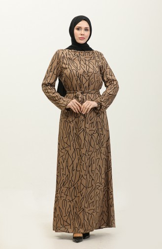 Viscose-jurk Met Riem En Gemengd Patroon 2067-03 Mink 2067-03
