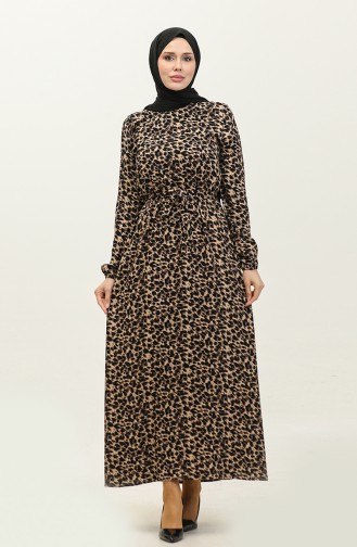 Leopard Patterned Viscose Dress 2068-01 Milky Brown Black 2068-01