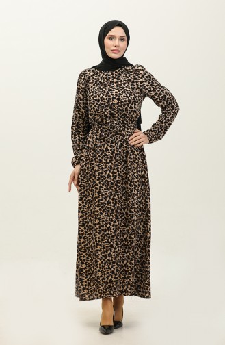 Leopard Patterned Viscose Dress 2068-01 Milky Brown Black 2068-01