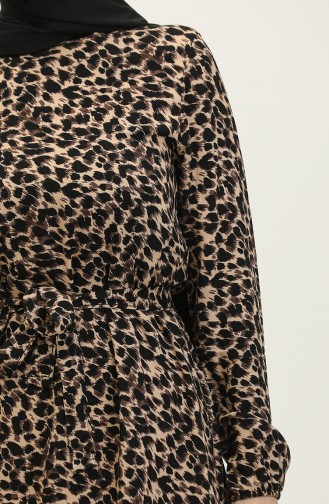 Leopard Patterned Viscose Dress 2068-01 Milky Brown Black 2068-01