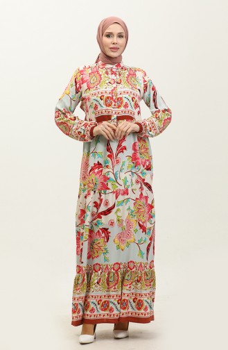 Alaçatı Patterned Viscose Dress 0334-01 Beige Green 0334-01