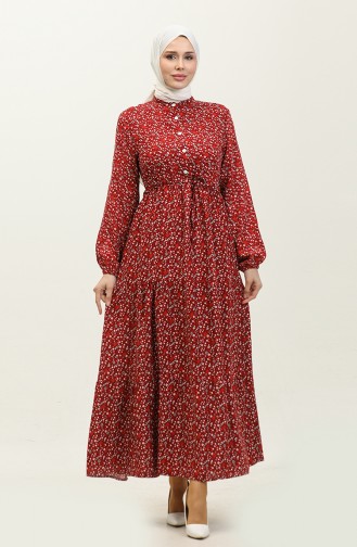 Hüsna Front Buttoned Viscose Dress 0338-03 Claret Red 0338-03