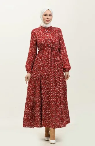 Hüsna Front Buttoned Viscose Dress 0338-03 Claret Red 0338-03