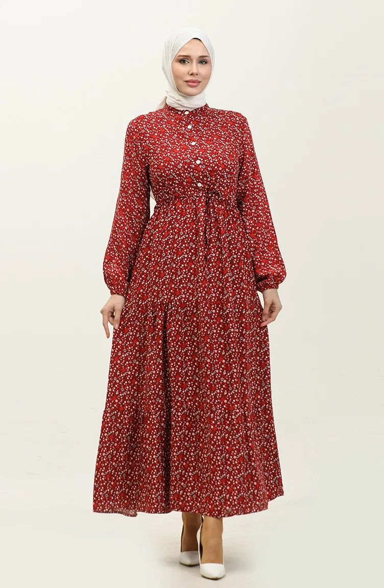 Hüsna Front Buttoned Viscose Dress 0338-03 Claret Red 0338-03