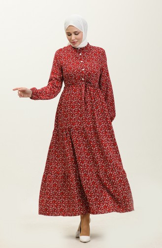 Hüsna Front Buttoned Viscose Dress 0338-03 Claret Red 0338-03