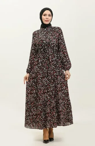 فستان فيسكوز منقوش بأزرار 0339-01 أسود  0339-01