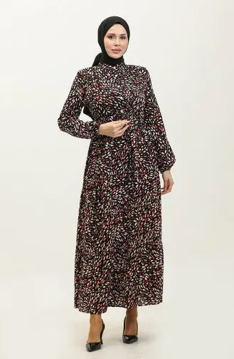 فستان فيسكوز منقوش بأزرار 0339-01 أسود  0339-01